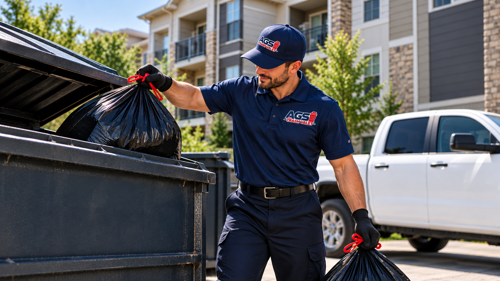 Man loading a dumpster in AGS Trash Valet shirt