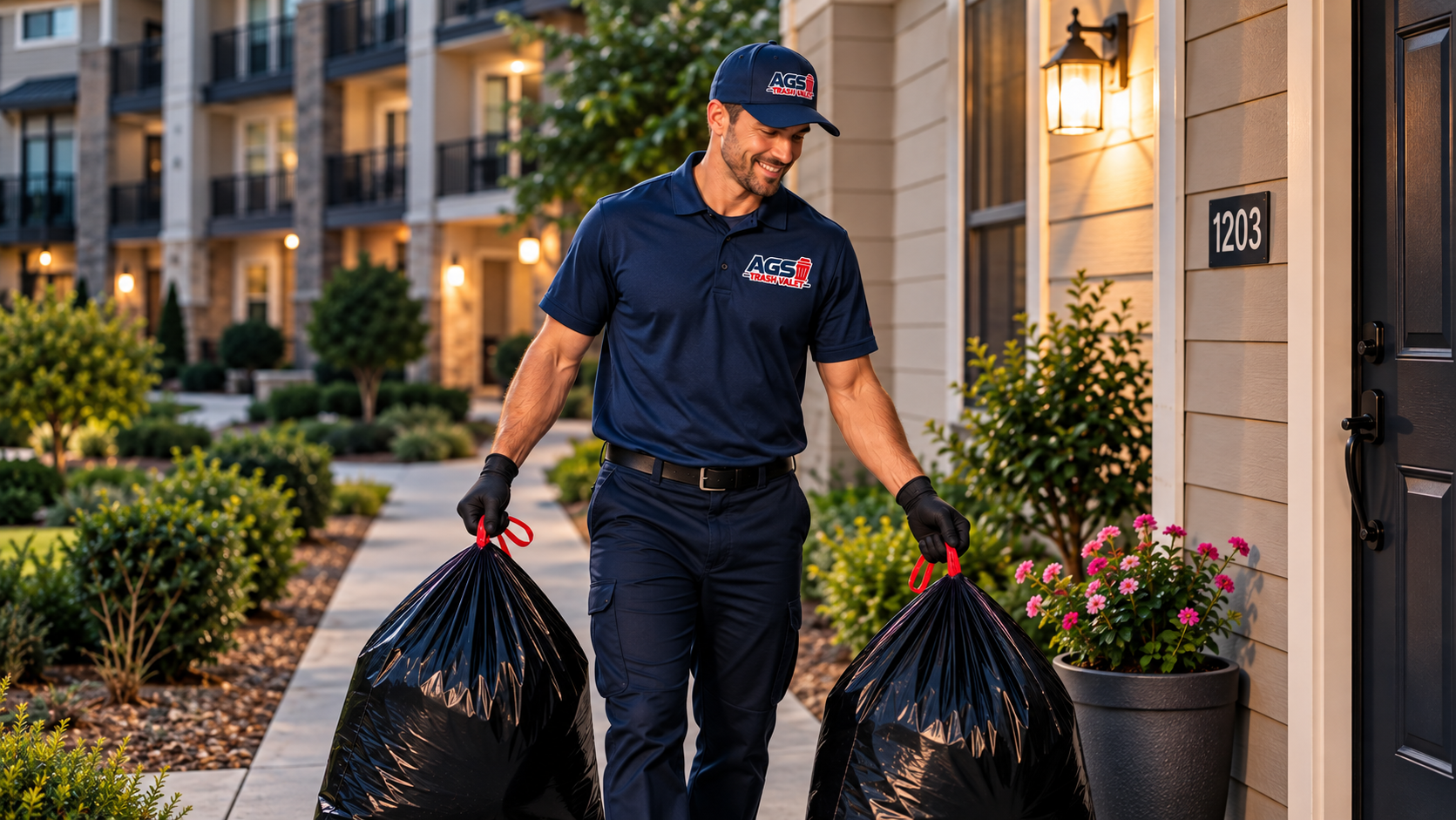 Man carrying tenant trash in AGS Trash Valet shirt