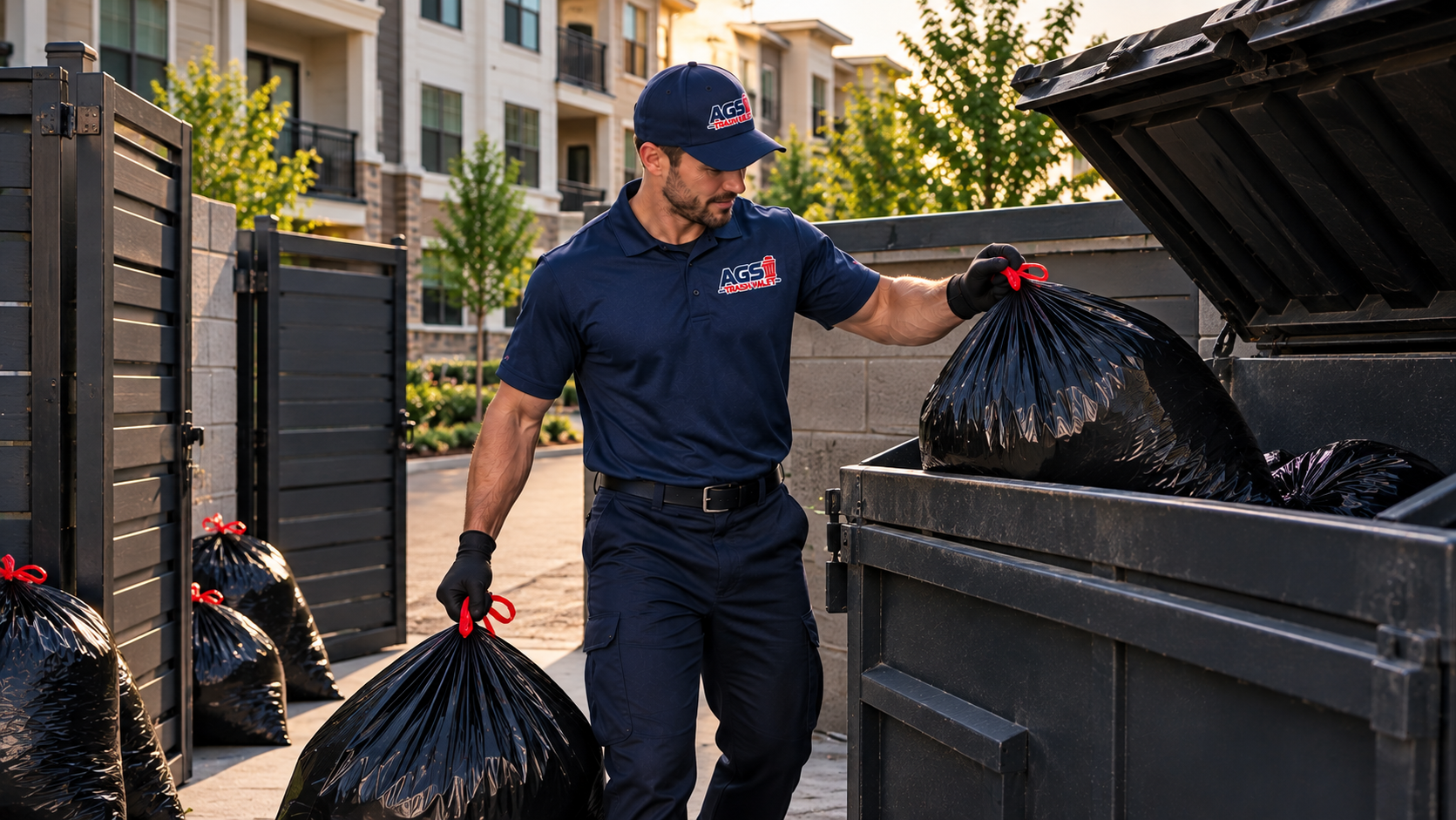 Man loading trash in AGS Trash Valet shirt