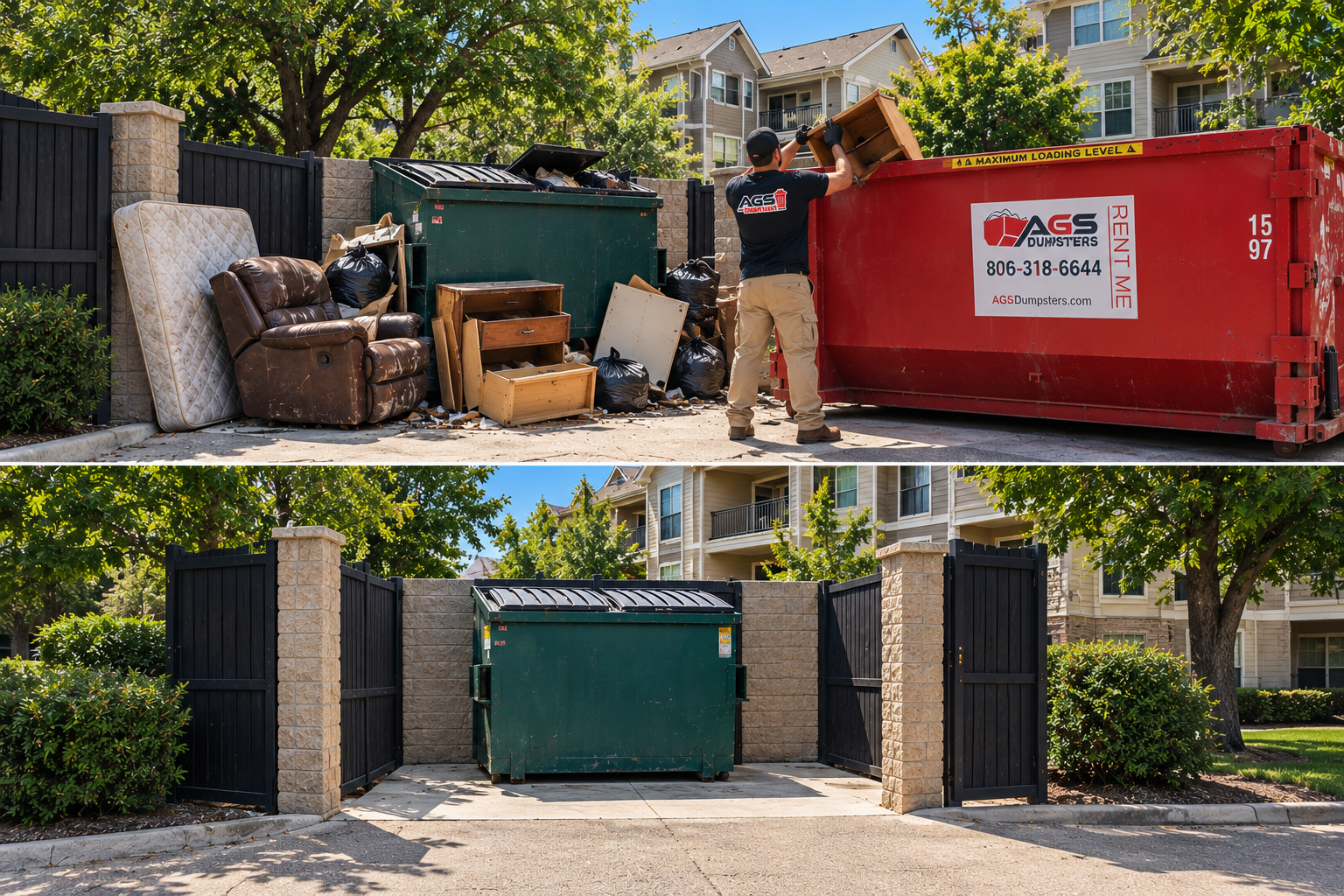 Before and after picture of the apartment dumpsters with overflow around it
